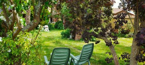 two chairs sitting in the grass under a tree at Le Gite de Lili in Acquigny