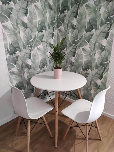 une table, deux chaises et une plante sur un mur dans l'établissement Appartement Oingt - Les Meublés des Pierres Dorées, à Theizé