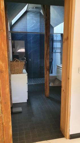 La salle de bains est pourvue d'une douche en verre et de toilettes. dans l'établissement Posti Apartment, à Viljandi