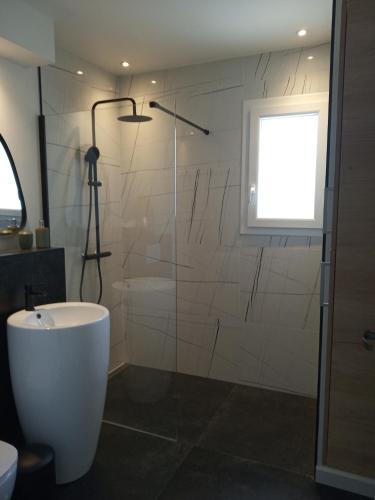 La salle de bains est pourvue d'une baignoire, d'une douche et d'une fenêtre. dans l'établissement La villa du golf - chambre d hôtes, à Gujan-Mestras