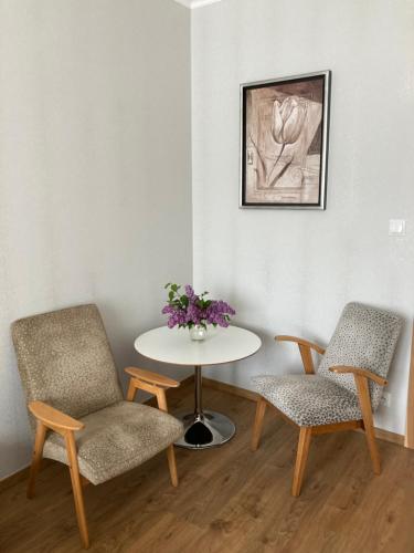 two chairs and a table with a vase of flowers at Willa Witkacy in Słupsk