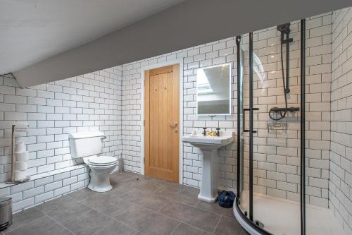 a bathroom with a toilet and a sink at Banc Apartment 2 in Porthmadog