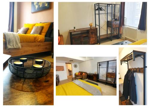 un collage de cuatro fotos de una habitación en The Factory - Authentique et fonctionnel en Dreux