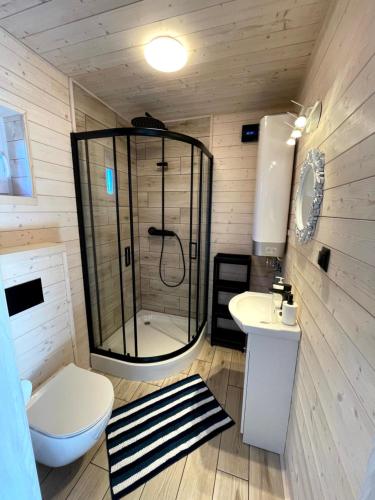 een badkamer met een douche, een toilet en een wastafel bij FOLGI - Domki Jeżowa in Kopalino