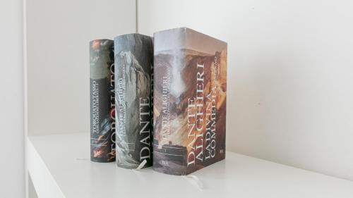 three books sitting on top of a shelf at Residenza Excelsior in Vasto