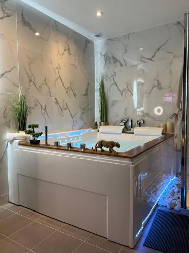 een badkamer met een bad en een aquarium bij La Suite Etoilée in Domène