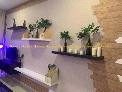 a room with shelves with plants on a wall at Couples Mind Relaxing Holiday Paradise 11 in Cyberjaya