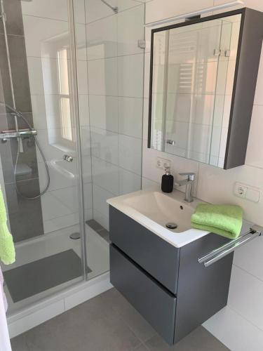 a bathroom with a sink and a shower at Ferienwohnung Rosenberger in Kolitzheim