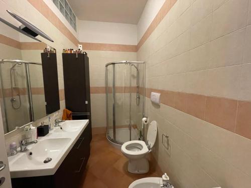 ein Bad mit einem WC, einem Waschbecken und einer Dusche in der Unterkunft Appartamento San Martino in Spoleto