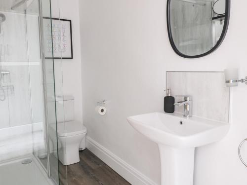 a bathroom with a sink and a toilet and a mirror at Ermysted's Cottage in Skipton