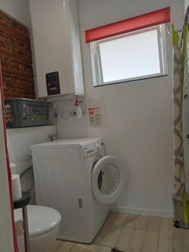 a bathroom with a washing machine and a window at Gite de PHAM in Belberaud