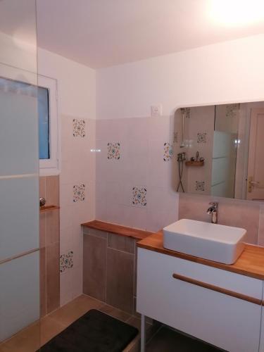 une salle de bain avec un lavabo et un miroir dans l'établissement Mimilou Mont St Loup piscine privée, à Agde