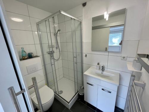 een badkamer met een douche, een toilet en een wastafel bij Ferienwohnung Dünengras in Graal-Müritz