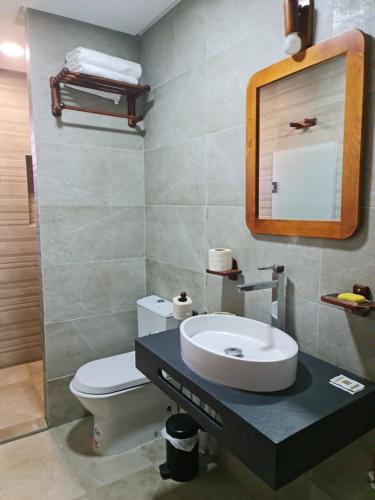a bathroom with a sink and a toilet and a mirror at Maurice Bonjean in Ifrane