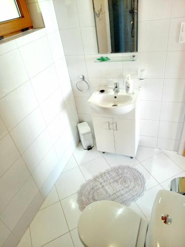 a white bathroom with a sink and a toilet at Domki Letniskowe Paula in Darłowo