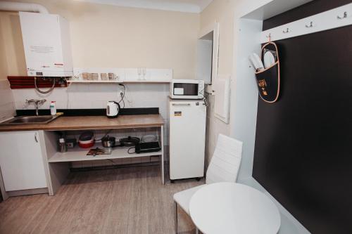 eine kleine Küche mit Spüle und Kühlschrank in der Unterkunft Апартаменти для великої компанї в центрі міста in Lwiw