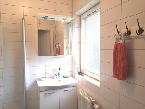 a bathroom with a sink and a mirror at A room in a villa close to Arlanda Airport in Stockholm