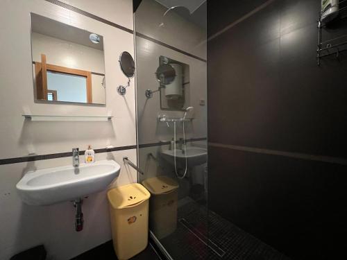 een badkamer met een wastafel en een spiegel bij Apartment SeaView in Bar