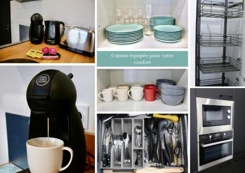 a collage of photos with a coffee maker and cups at La Loge en Or - Parking public - Triplex - Proche centre et autoroute in Lens