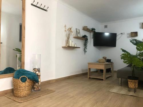 uma sala de estar com uma televisão de ecrã plano e um sofá em Casa rural Leo&Manu em Benaoján