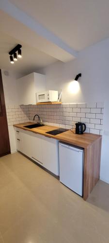 a kitchen with a sink and a counter top at Apartamenty Morski Brzeg - Sauna, Balia in Władysławowo