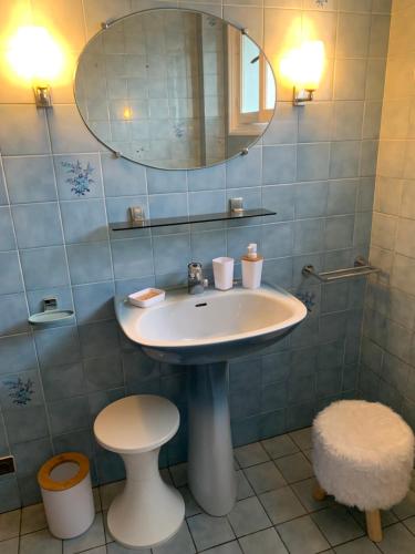 a bathroom with a sink and a toilet and a mirror at A louer appartement dans une maison in Arcangues