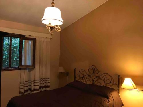 聖洛倫索的住宿－Lindísima casa de campo en Villa San Lorenzo Salta，一间卧室配有一张带两盏灯的床和一扇窗户。