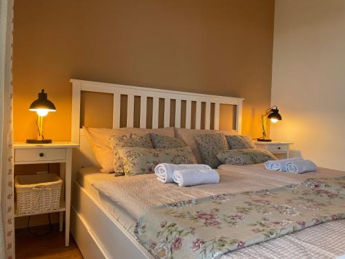 1 dormitorio con 1 cama con 2 almohadas en Apartmán SIESTA 2, en Podhájska