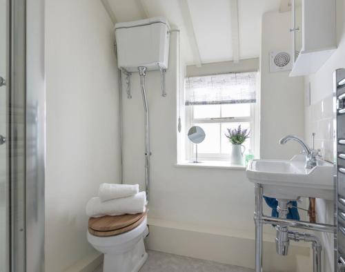 a bathroom with a toilet and a sink and a window at The Bakehouse in Port Isaac