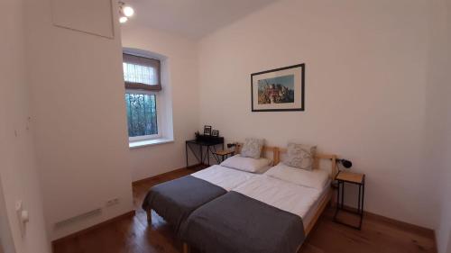 1 dormitorio con 1 cama y 2 ventanas en Pia's Gardenview, en Viena