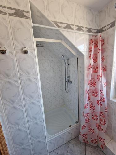 a shower with a glass door in a bathroom at Apartament Hexagon nr 36 in Grzybowo