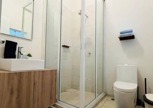 a bathroom with a glass shower with a toilet at 107 SUITES DONCELES CENTRO HISTÓRICO CDMX in Mexico City