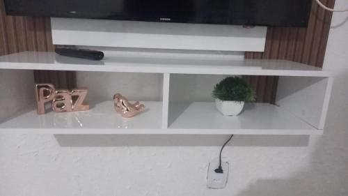 a white shelf with a tv and a plant on it at Casa no Centro Bananeiras-PB in Bananeiras