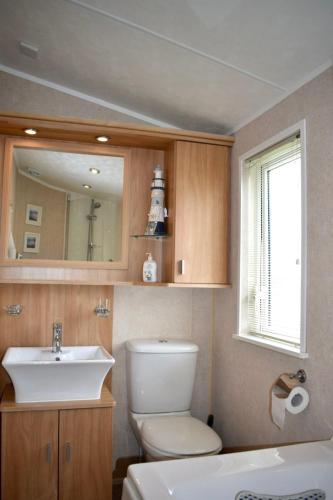 a bathroom with a toilet and a sink and a mirror at Cosy & Modern Cabin In Heart of Northumberland in Swarland
