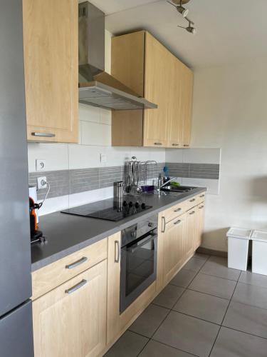 une cuisine avec des armoires en bois et un four à plaques de cuisson dans l'établissement Appartement T3 sur l'esplanade de l'europe, à Montpellier