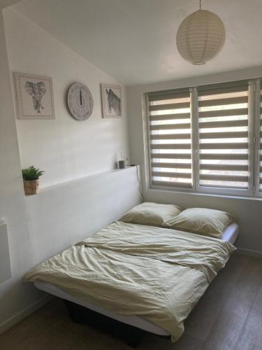 łóżko w sypialni z oknem w obiekcie Studio tout équipé au calme w mieście Cappelle-la-Grande