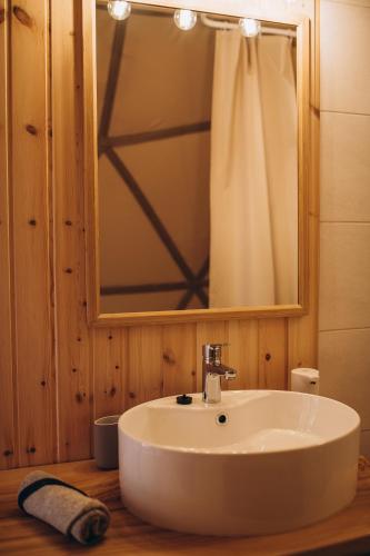 a bathroom with a white sink and a mirror at VasaRojaus Kupolai in Birštonas