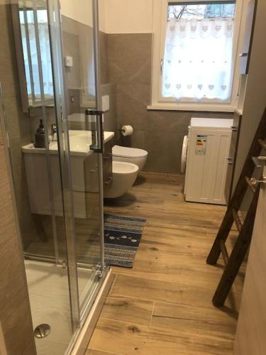 a bathroom with a toilet and a sink and a shower at Appartamento luminoso, giardino, vista Dolomiti. in Baselga di Pinè