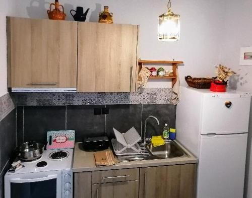 a kitchen with a stove and a white refrigerator at Roppas Studios Nostos in Kato Gatzea