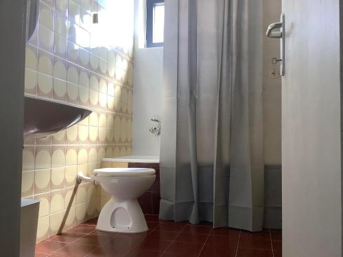a bathroom with a toilet and a shower curtain at Rooms 22 - Beachfront in Primošten
