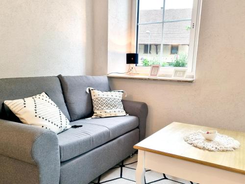 a living room with a couch and a table at Apartment Kerbholz - zwischen Südschwarzwald und Schweiz in Klettgau