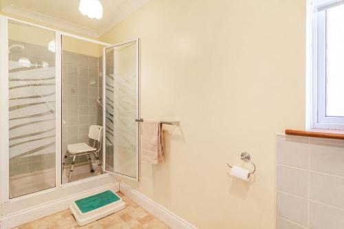 a bathroom with a shower and a chair in it at Berries in Barningham