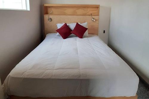 1 cama blanca grande con almohadas rojas en una habitación en 125 DONCELES TERRAZA PRIVADA CENTRO HISTÓRICO CDMX, en Ciudad de México