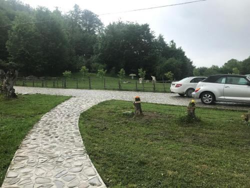 a stone path with cars parked in a parking lot at Căsuțele Doftanei in Teşila
