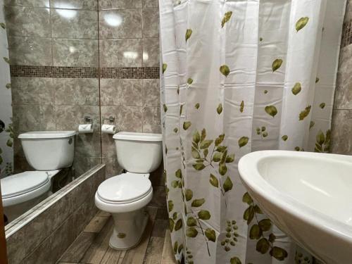 a bathroom with two toilets and a sink at Hostal Los Salares in Antofagasta