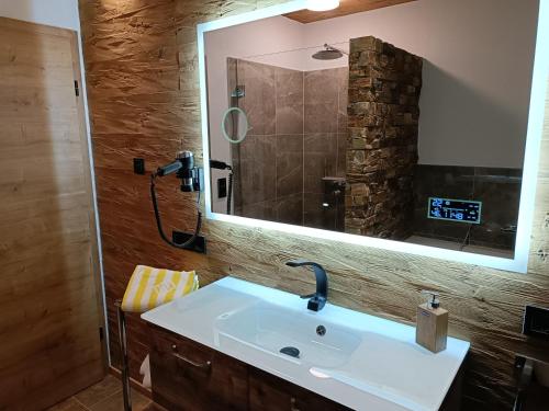a bathroom with a sink and a large mirror at Luxus Ferienwohnung Chalet Seenähe in Schalkenmehren