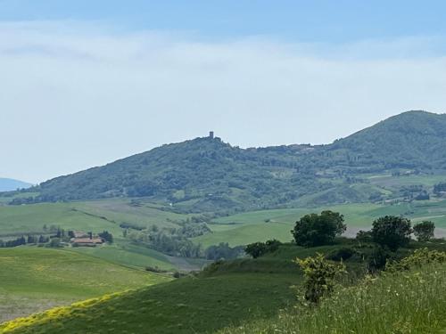 a green hill with a castle on top of it at Casina Orione in Montecatini Val di Cecina