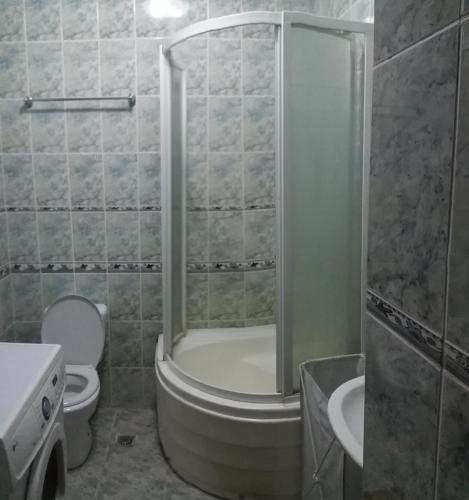 a bathroom with a shower and a toilet and a sink at Динара in Cholpon-Ata