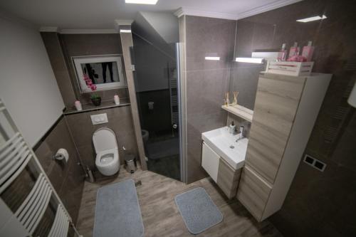 a bathroom with a toilet and a sink at Konka Apartment Tuzla in Tuzla