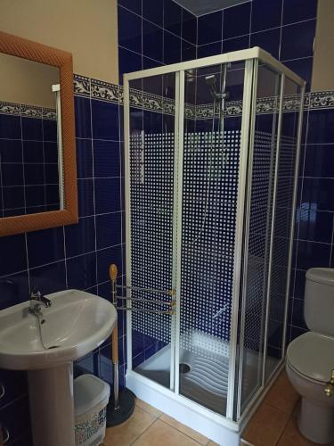 a bathroom with a shower with a sink and a toilet at VIVIENDAS RURALES LAS CALDERAS in Santillana del Mar